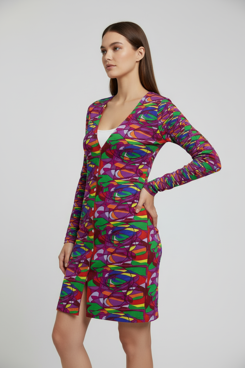 Kaleidoscope Abstract Long V-Neck Cardigan