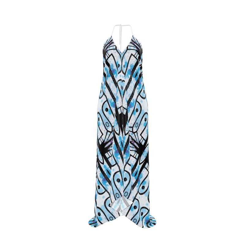 Coastal Elegance Abstract Print Halter Maxi Dress