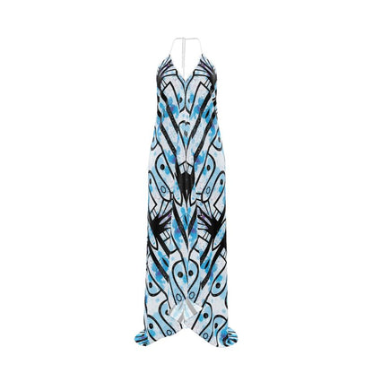 Coastal Elegance Abstract Print Halter Maxi Dress