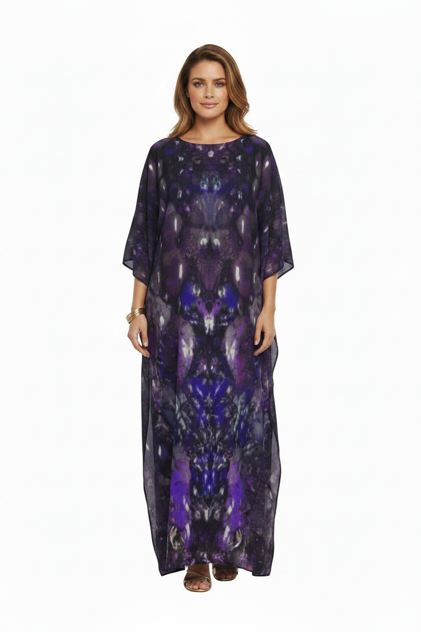 Celestial Dark Abstract Print Flowy Kaftan – Resort Cover-Up