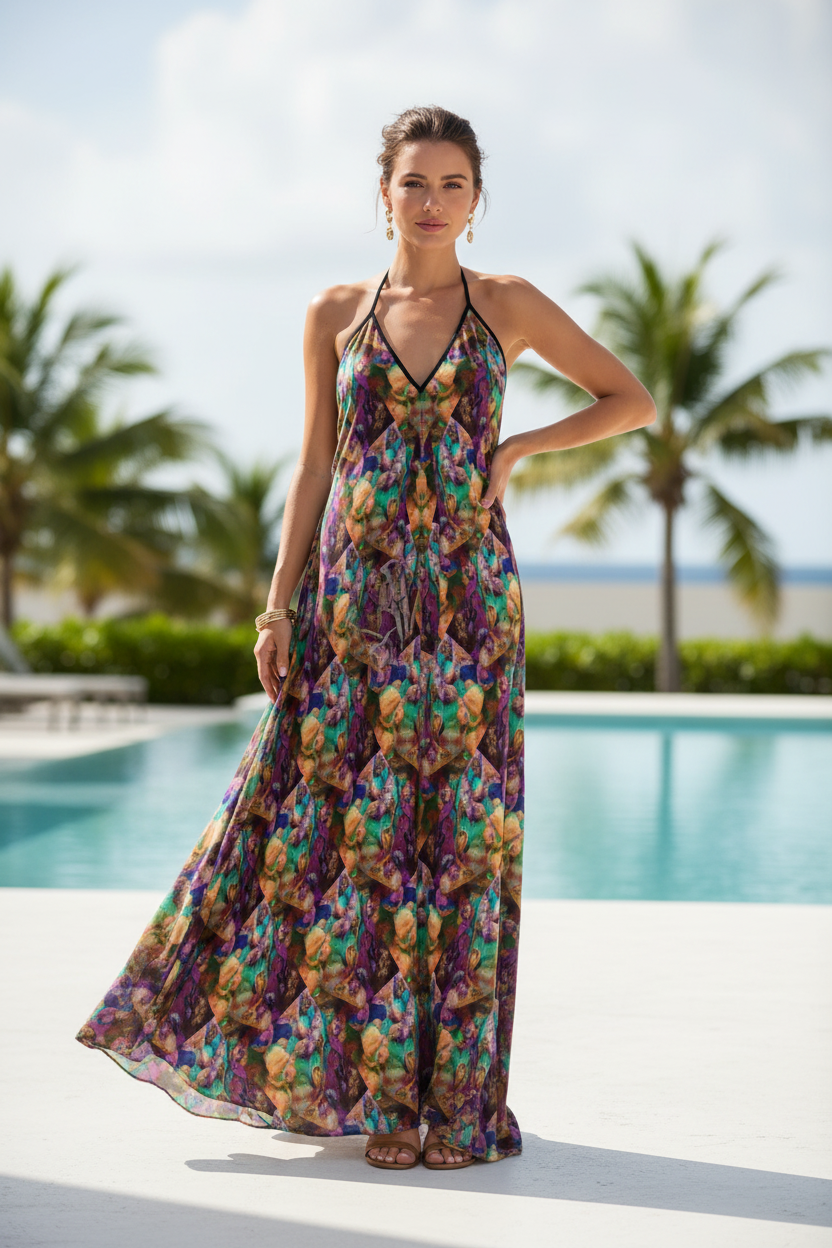 Tropical Breeze Halter Backless Maxi Dress