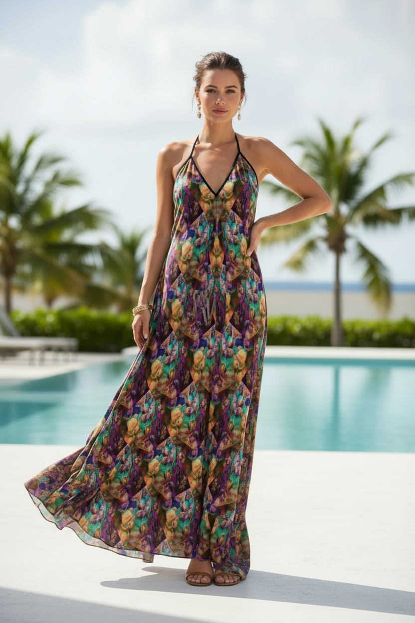 Tropical Breeze Halter Backless Maxi Dress