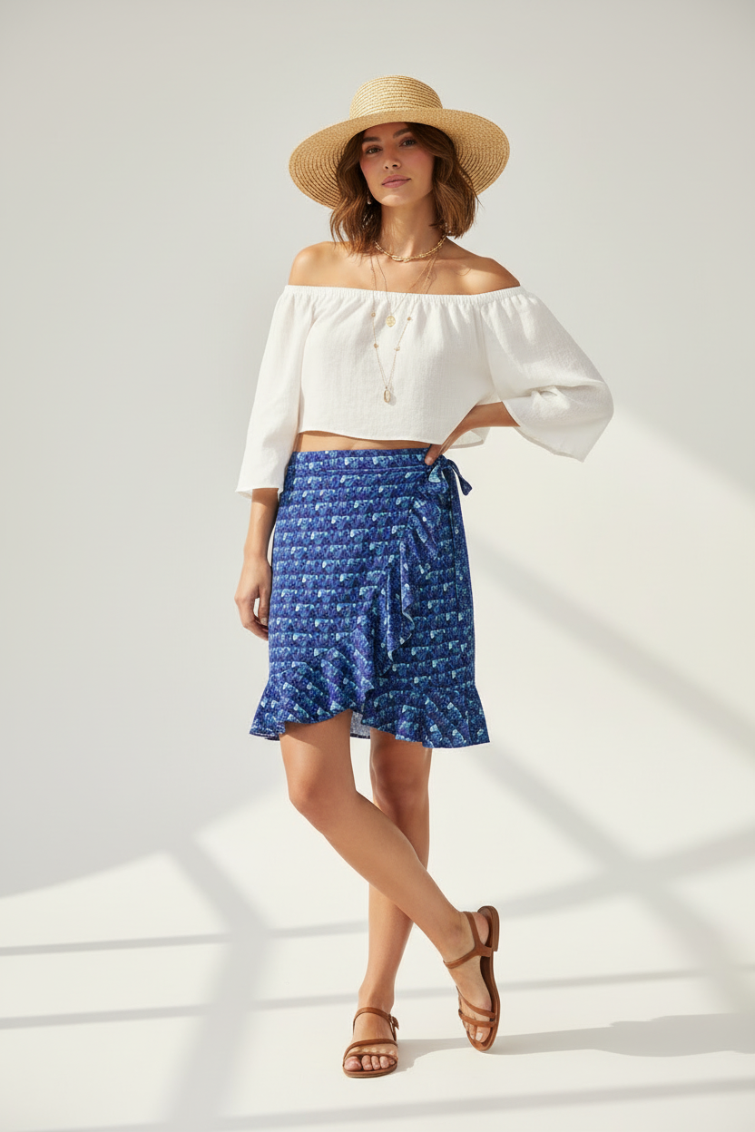 Flounce Skirt Blue Swirl Patterned Skirt