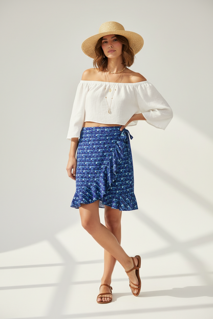 Flounce Skirt Blue Swirl Patterned Skirt