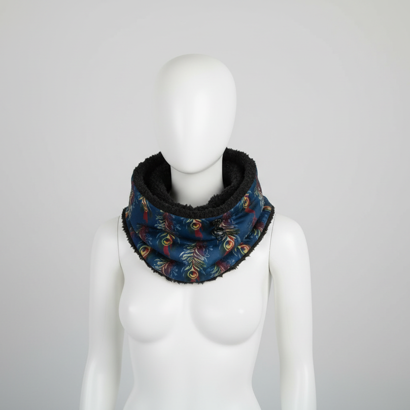 Peacock Pattern Sherpa-Lined Winter Snood | Soft Fleece Neck Warmer Scarf