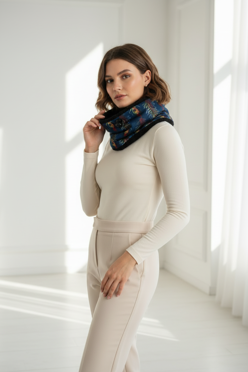 Peacock Pattern Sherpa-Lined Winter Snood | Soft Fleece Neck Warmer Scarf