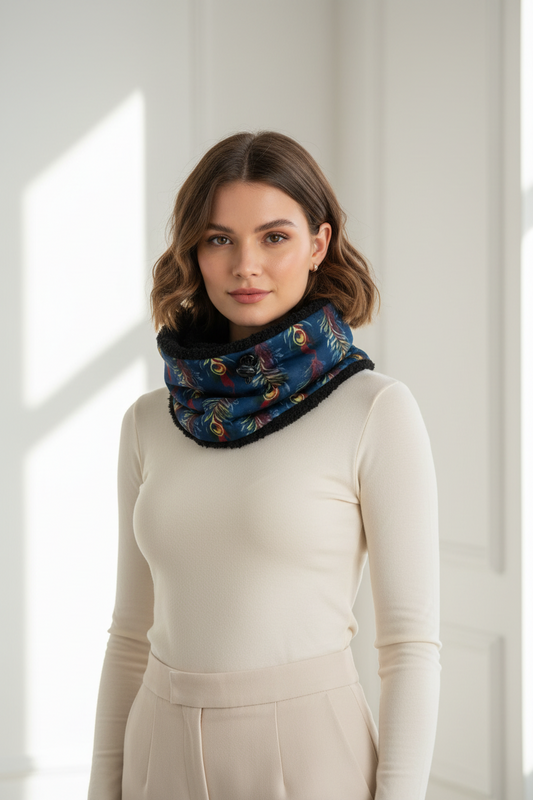 Peacock Pattern Sherpa-Lined Winter Snood | Soft Fleece Neck Warmer Scarf