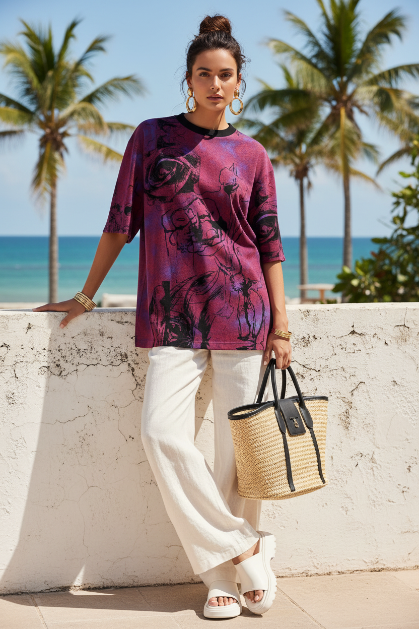 Purple Palm Sketch Oversized T-Shirt