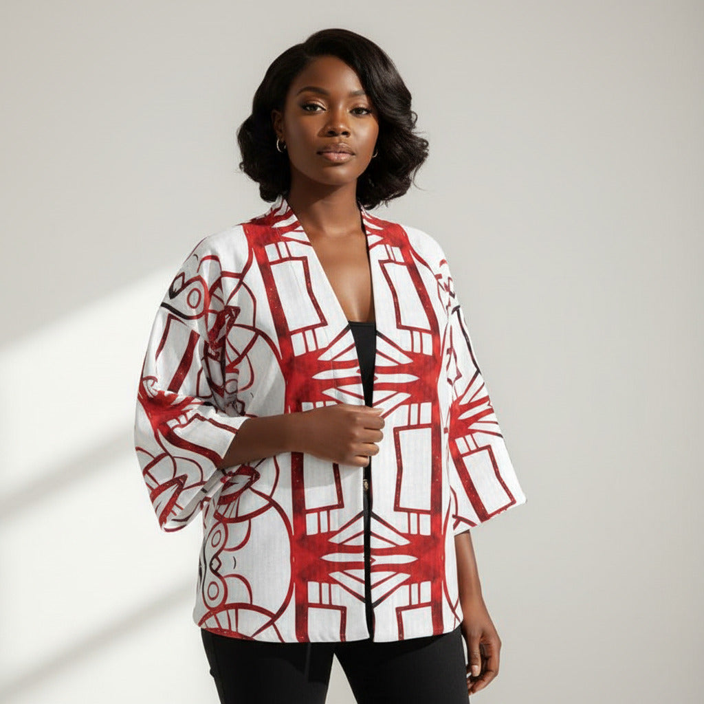 Kimono Jacket-Velvet Red & White Abstract Printed Blazer
