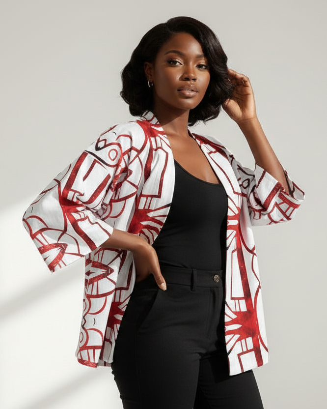Kimono Jacket-Velvet Red & White Abstract Printed Blazer