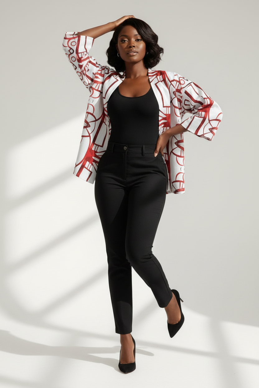 Kimono Jacket-Velvet Red & White Abstract Printed Blazer