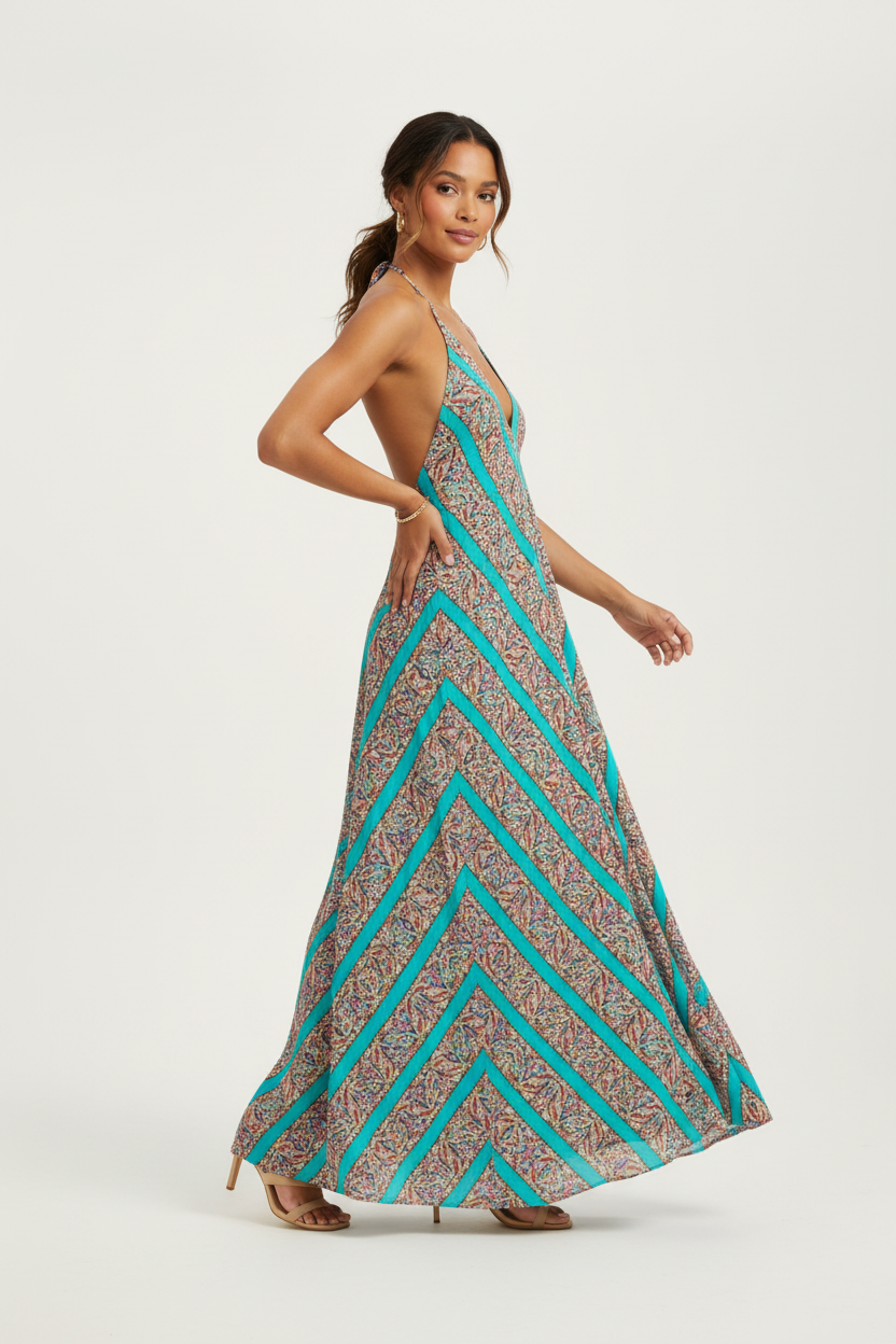 Turquoise Sunset Halter Maxi Dress