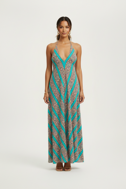 Turquoise Sunset Halter Maxi Dress