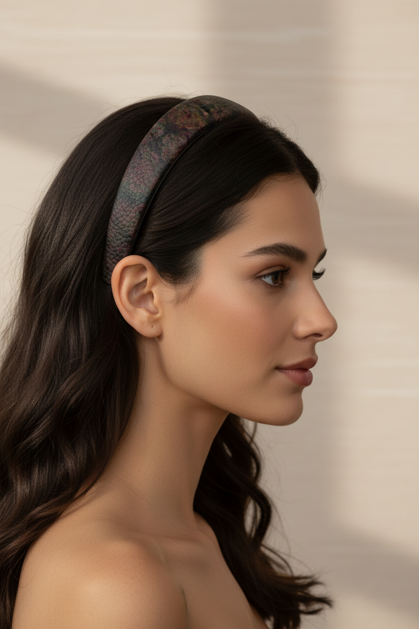 Leather Headband Floral Bronze And Dark Grey