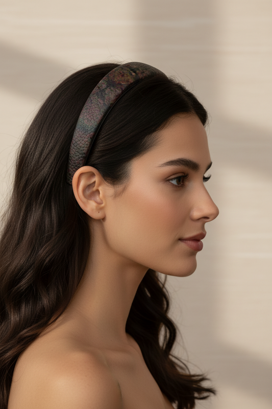 Leather Headband Floral Bronze And Dark Grey