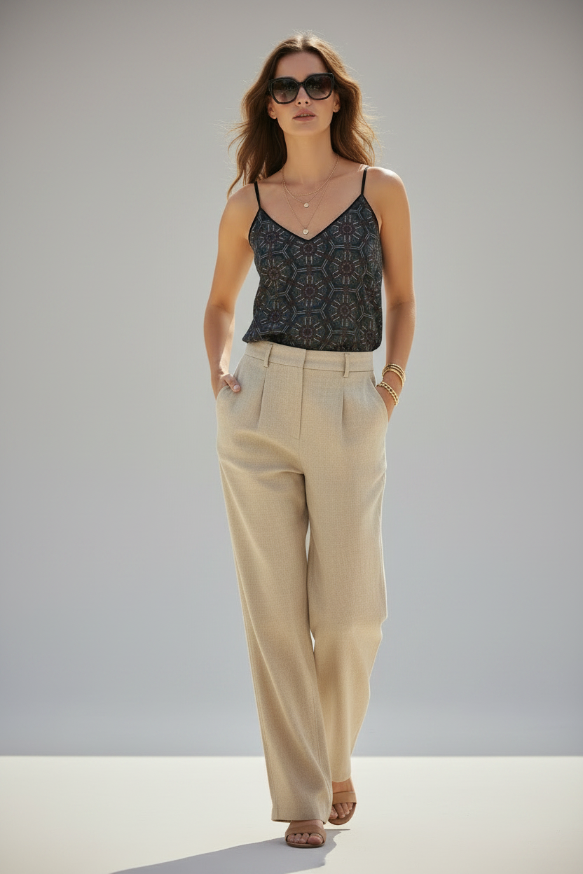 The Aria Geometric Cami – Silky V-Neck Tank in Midnight Mosaic