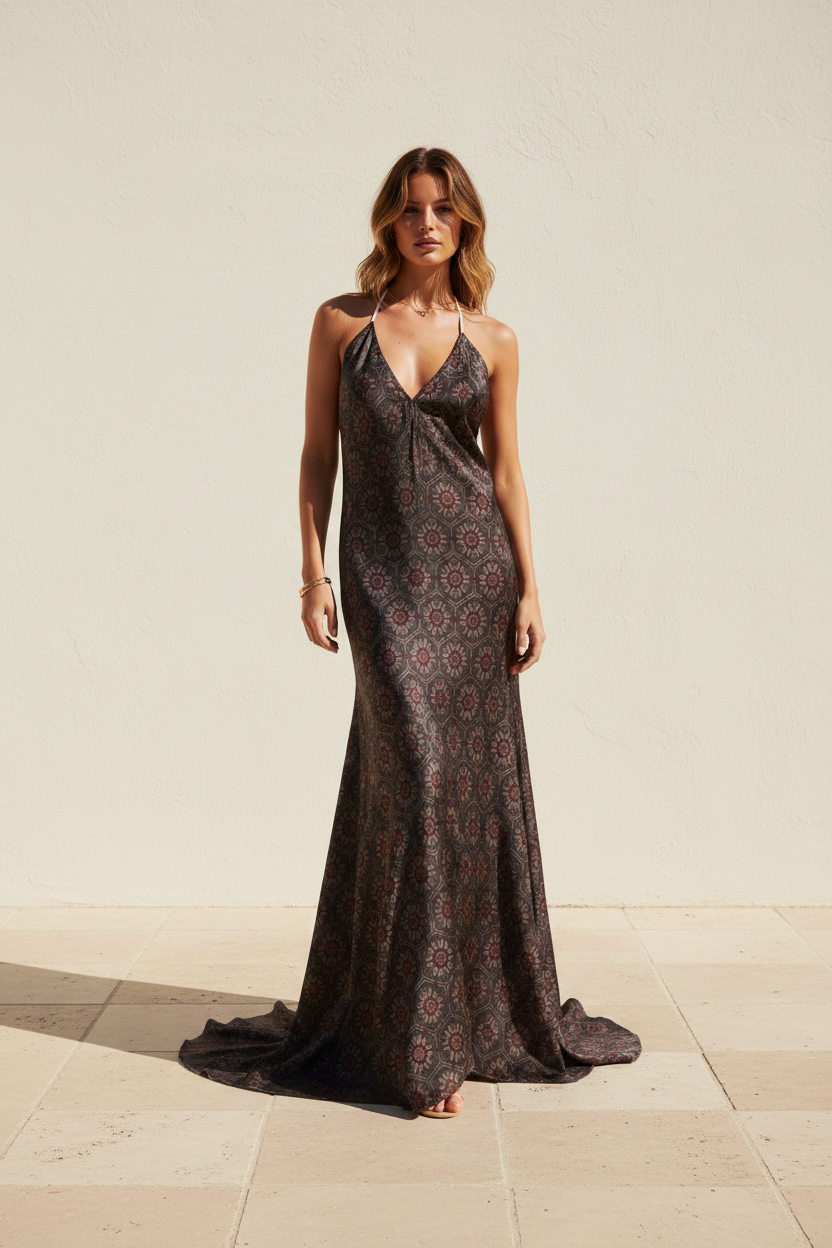 Boheme Floral Halter Maxi Dress in Midnight Mosaic