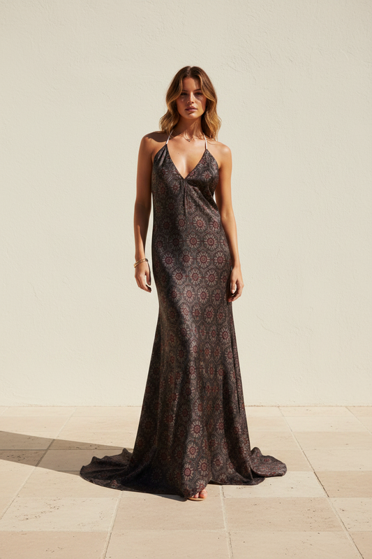 Boheme Floral Halter Maxi Dress in Midnight Mosaic