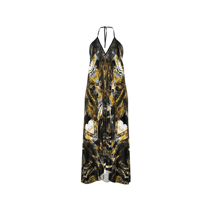 Boho Maxi Dress, Abstract Print Halter Dress, Summer Resort Wear, Elegant Evening Vacation Dress