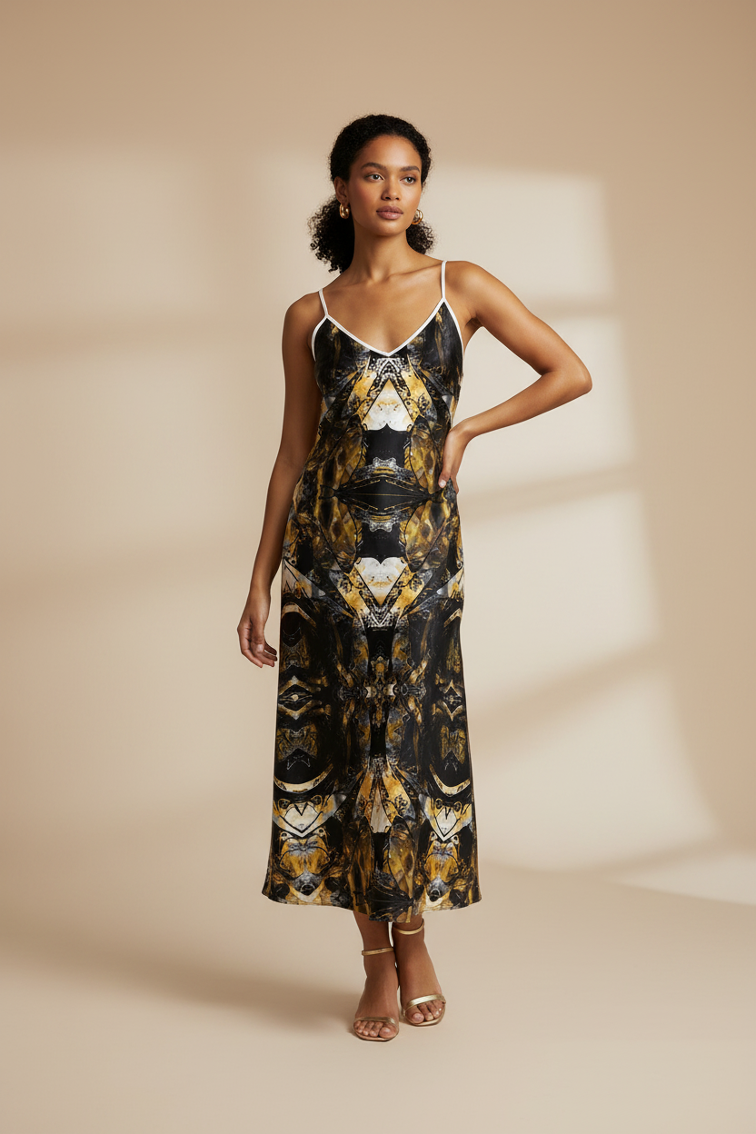 Golden Mirage Abstract Slip maxi dress