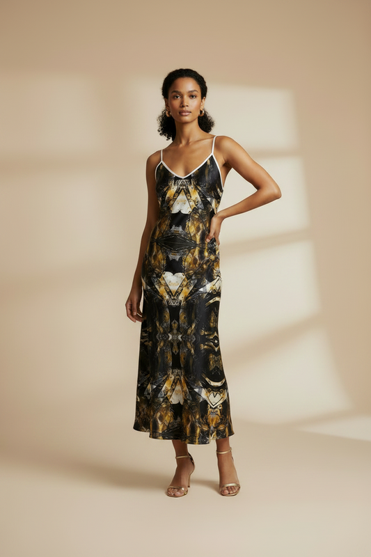 Golden Mirage Abstract Slip maxi dress