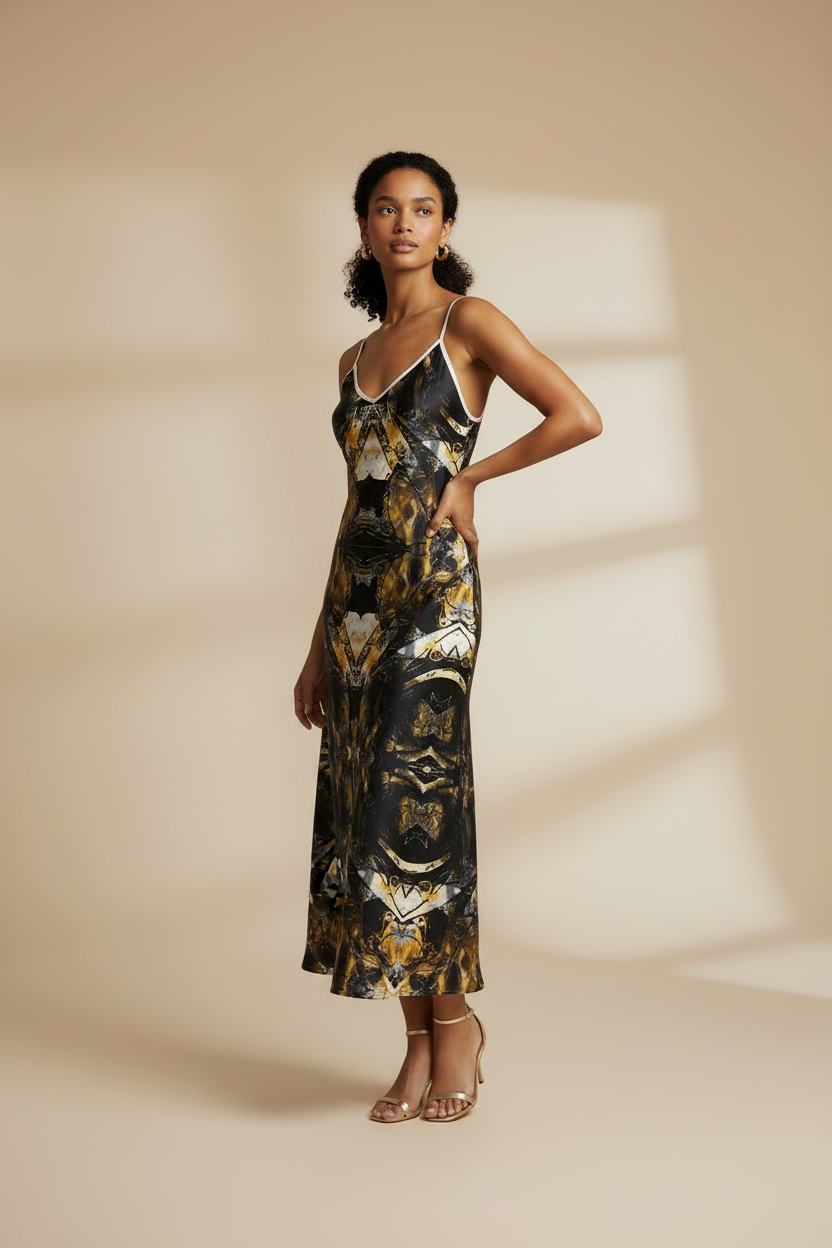 Golden Mirage Abstract Slip maxi dress