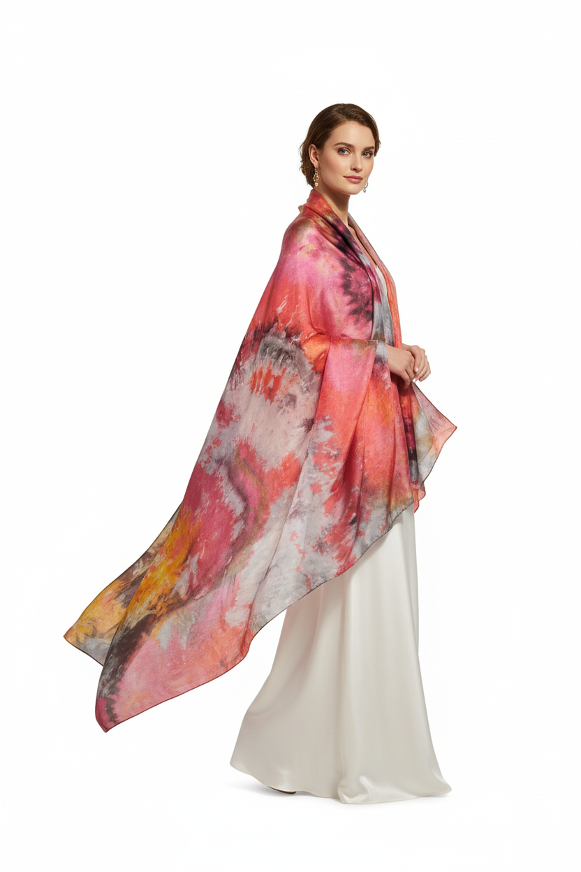 Red Abstract Scarf: Elegant Ice-Dyed Ladies Accessory