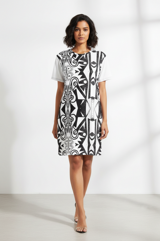 Black and White T-Shirt Dress | Bohemian Tribal Print Oversized Tunic