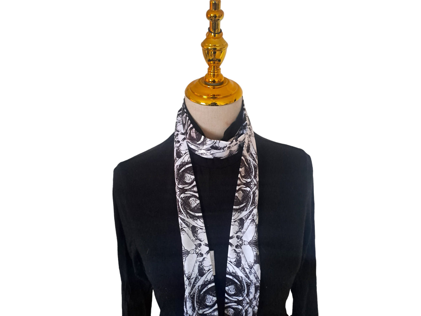 Silky Skinny Scarf: Abstract Blossom Print, Black and White Necktie