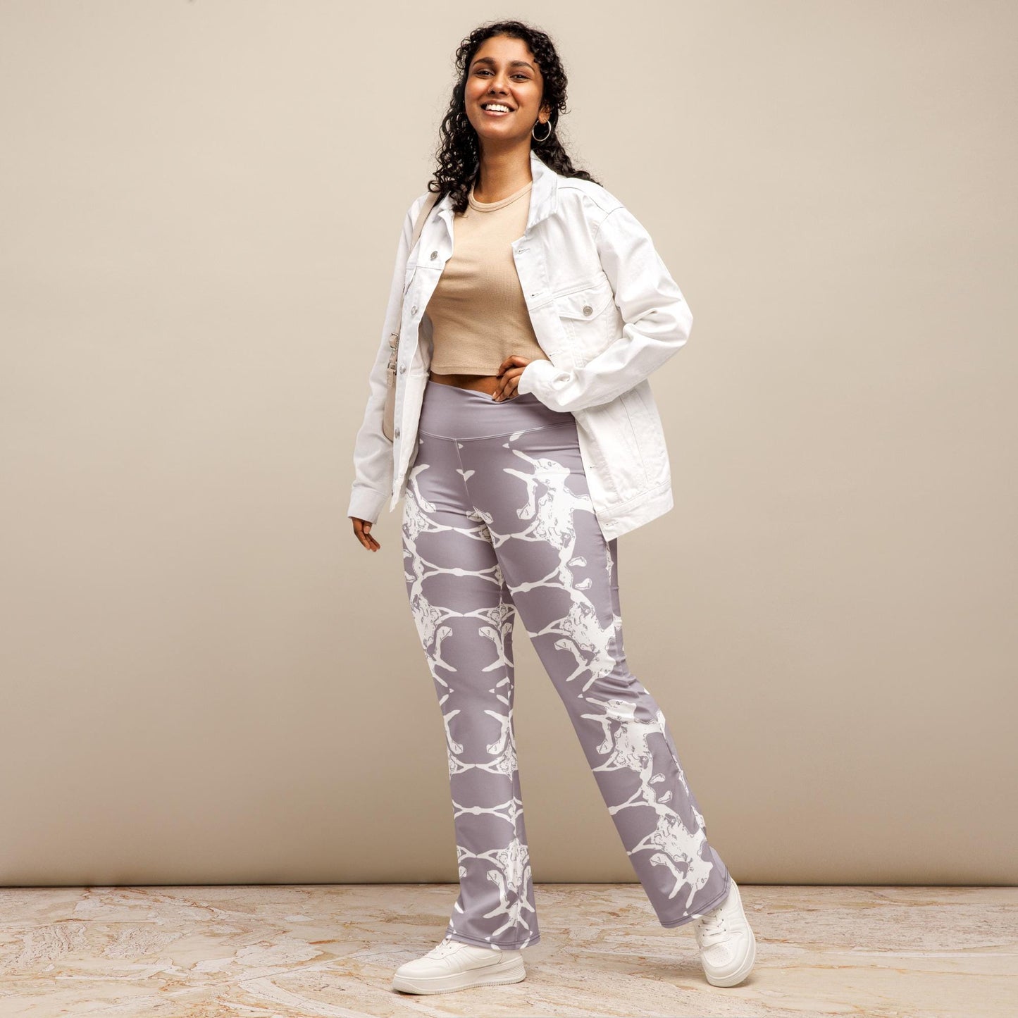 Abstract Print Wide-Leg Trousers: High-Waisted Pearl Pink Leggings