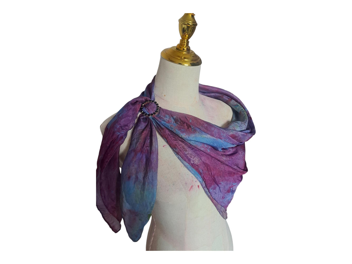 Hand-Dyed Silk Scarf with Brooch, Purple, Blue, Pink Watercolor