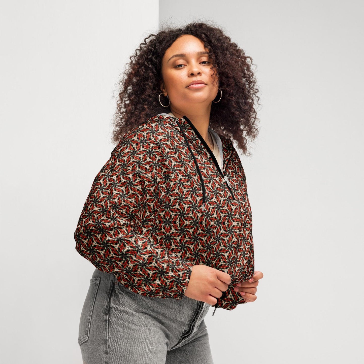 Geometric Pattern Cropped Windbreaker: Lightweight Spring Jacket