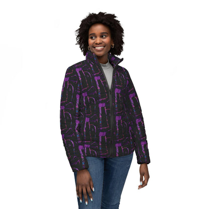 Abstract Print Womens Puffer Jacket: Stylish Polyester Outerwear