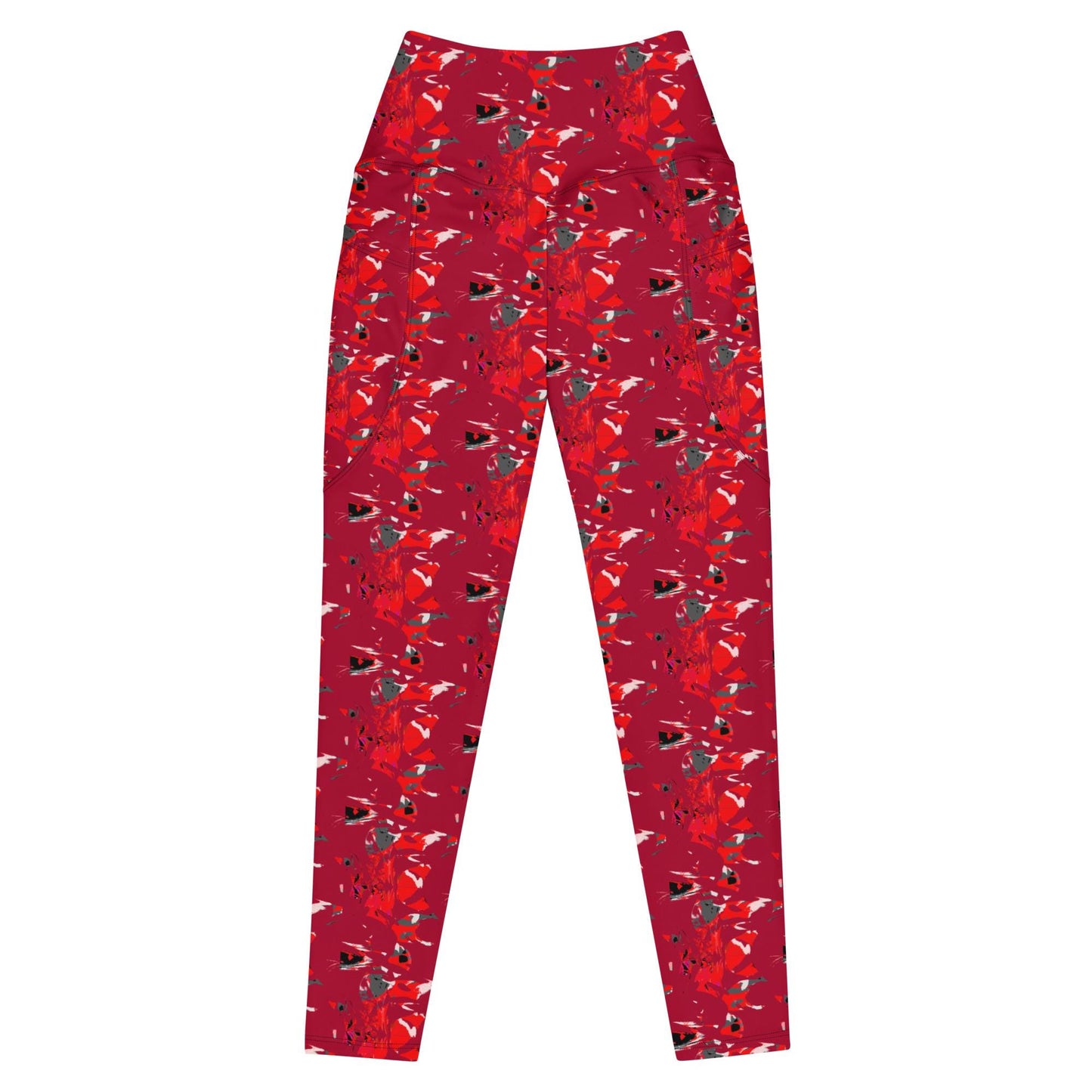 Red Abstract Pocket Leggings, High-Waisted Compression