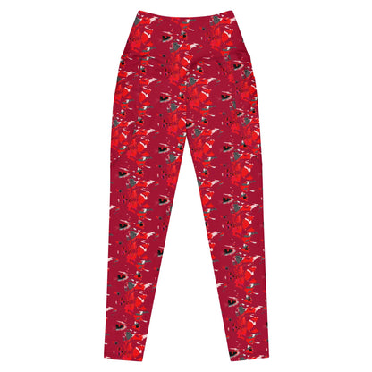 Red Abstract Pocket Leggings, High-Waisted Compression