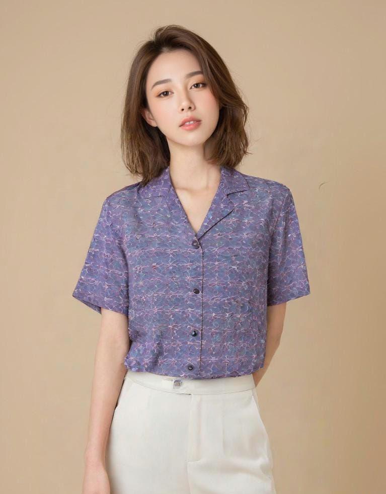 Vintage-Inspired Purple Button-Up Shirt - Casual Short Sleeve Blouse for Women