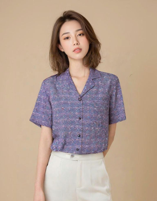 Vintage-Inspired Purple Button-Up Shirt - Casual Short Sleeve Blouse for Women