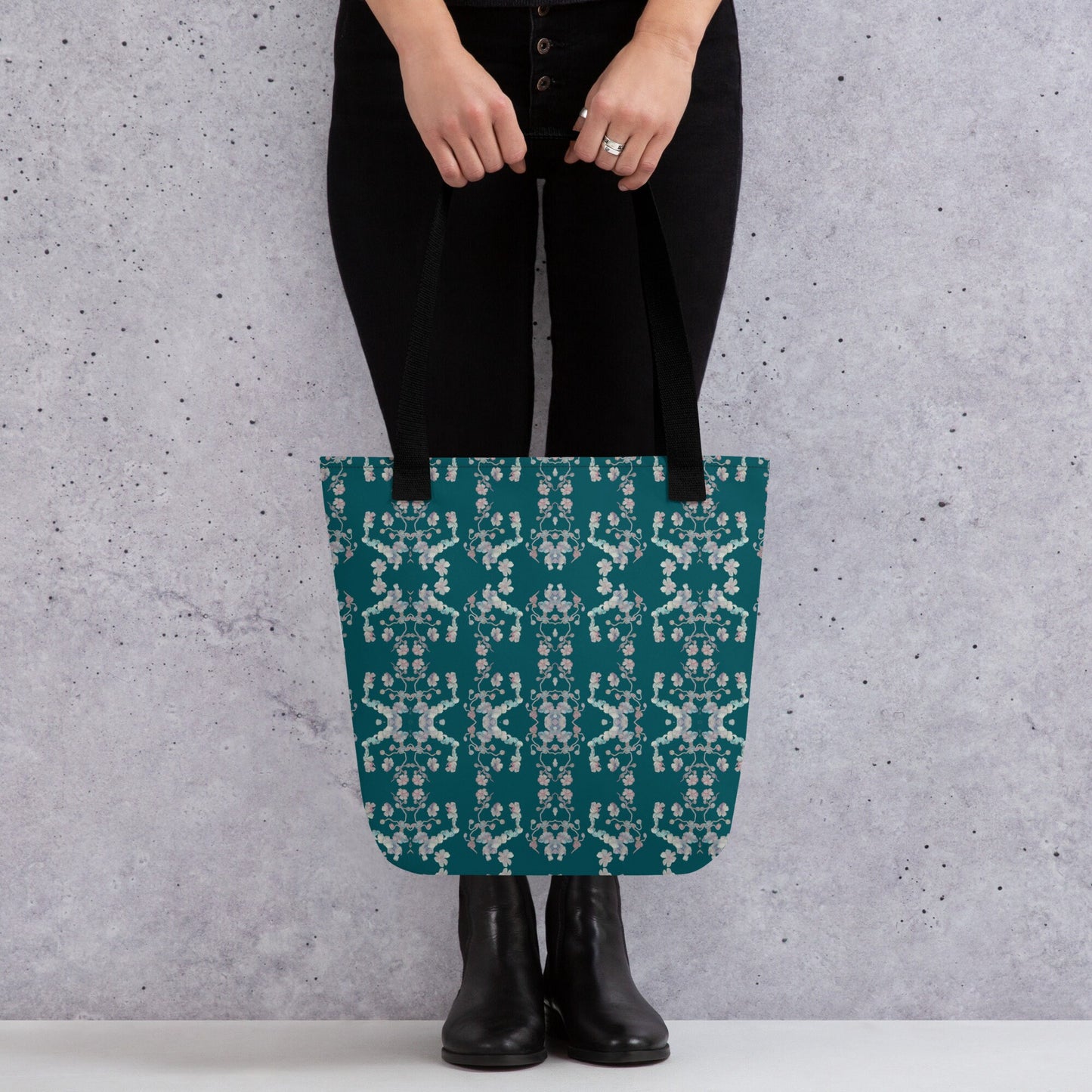 Floral Tote Bag: Green & White Print, Unisex Cotton Handles