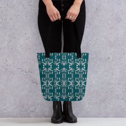 Floral Tote Bag: Green & White Print, Unisex Cotton Handles
