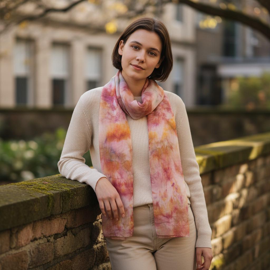 Handmade Ponge Silk Tie-Dyed Shawl | Golden Brown & Yellow