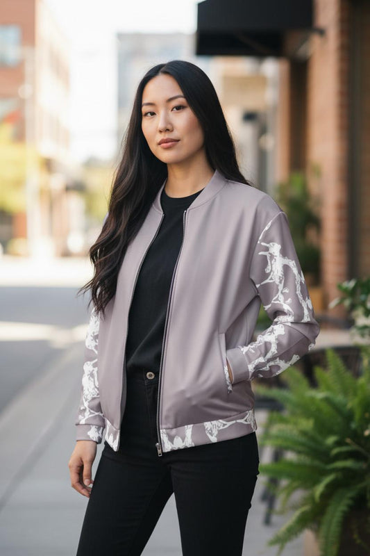 Handmade Pale Silver Pink Bomber Jacket: Stylish Women's Patterned Jacket