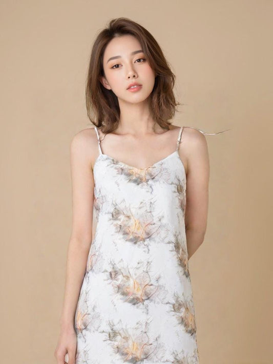 Floral Chiffon Slip Dress: Adjustable Tie Straps, Built-In Bra