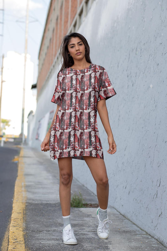 Abstract Red Black Striped T-Shirt Mini Dress: Oversized Drop Shoulder