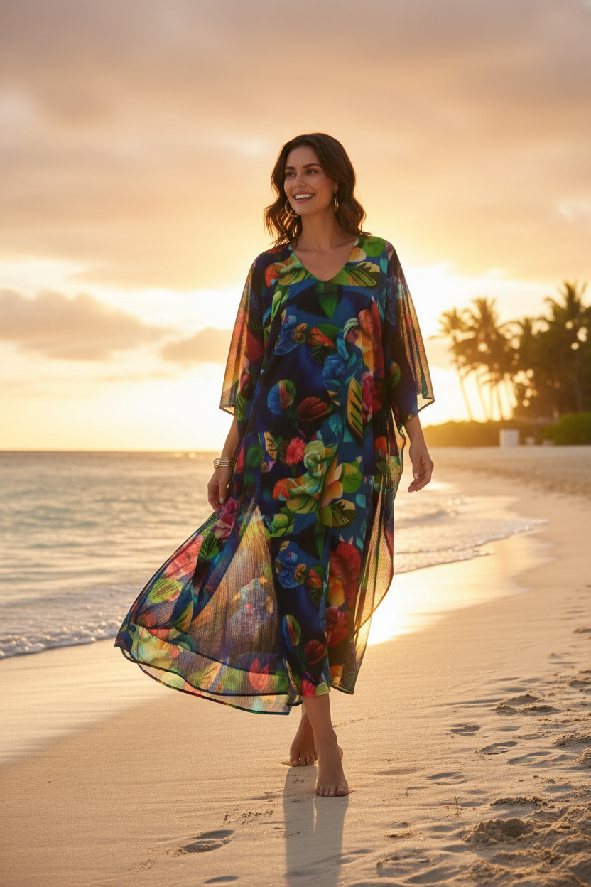 Vibrant Tropical Print Flowy Kaftan – Vacation Cover-Up