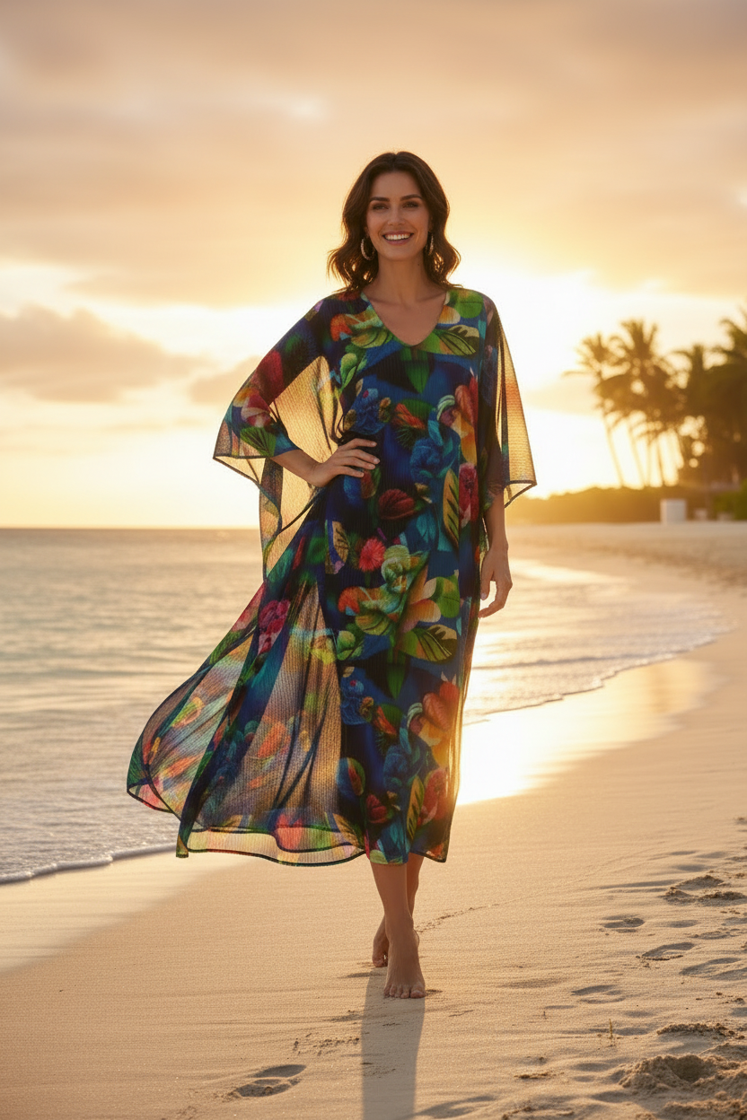 Vibrant Tropical Print Flowy Kaftan – Vacation Cover-Up