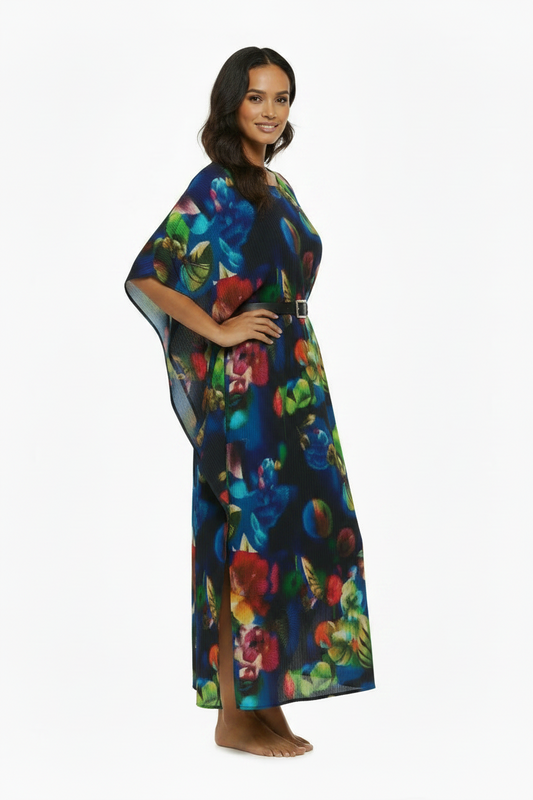 Vibrant Tropical Print Flowy Kaftan – Vacation Cover-Up