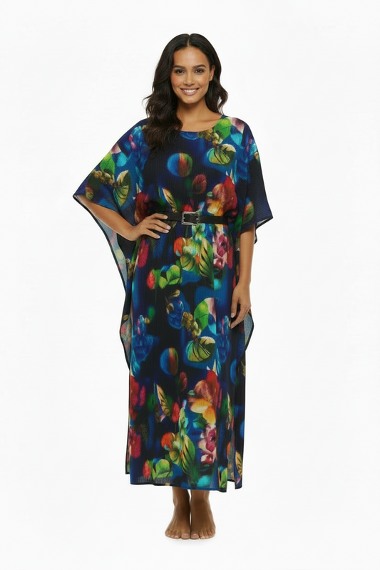 Vibrant Tropical Print Flowy Kaftan – Vacation Cover-Up