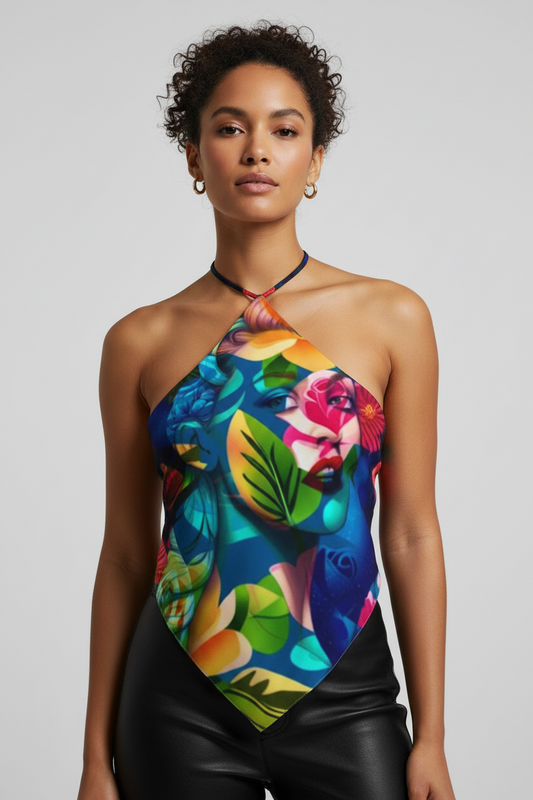 Vibrant Tropical Portrait Halter Bandana Top