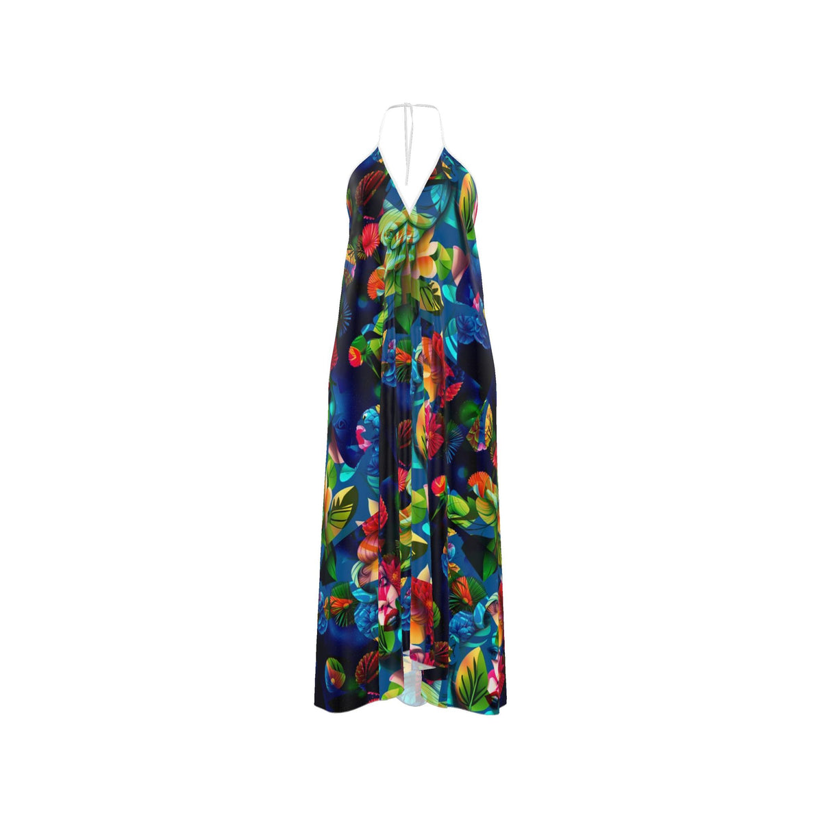 Vibrant Tropical Floral Halter Maxi Dress – Flowy Open-Back Vacation