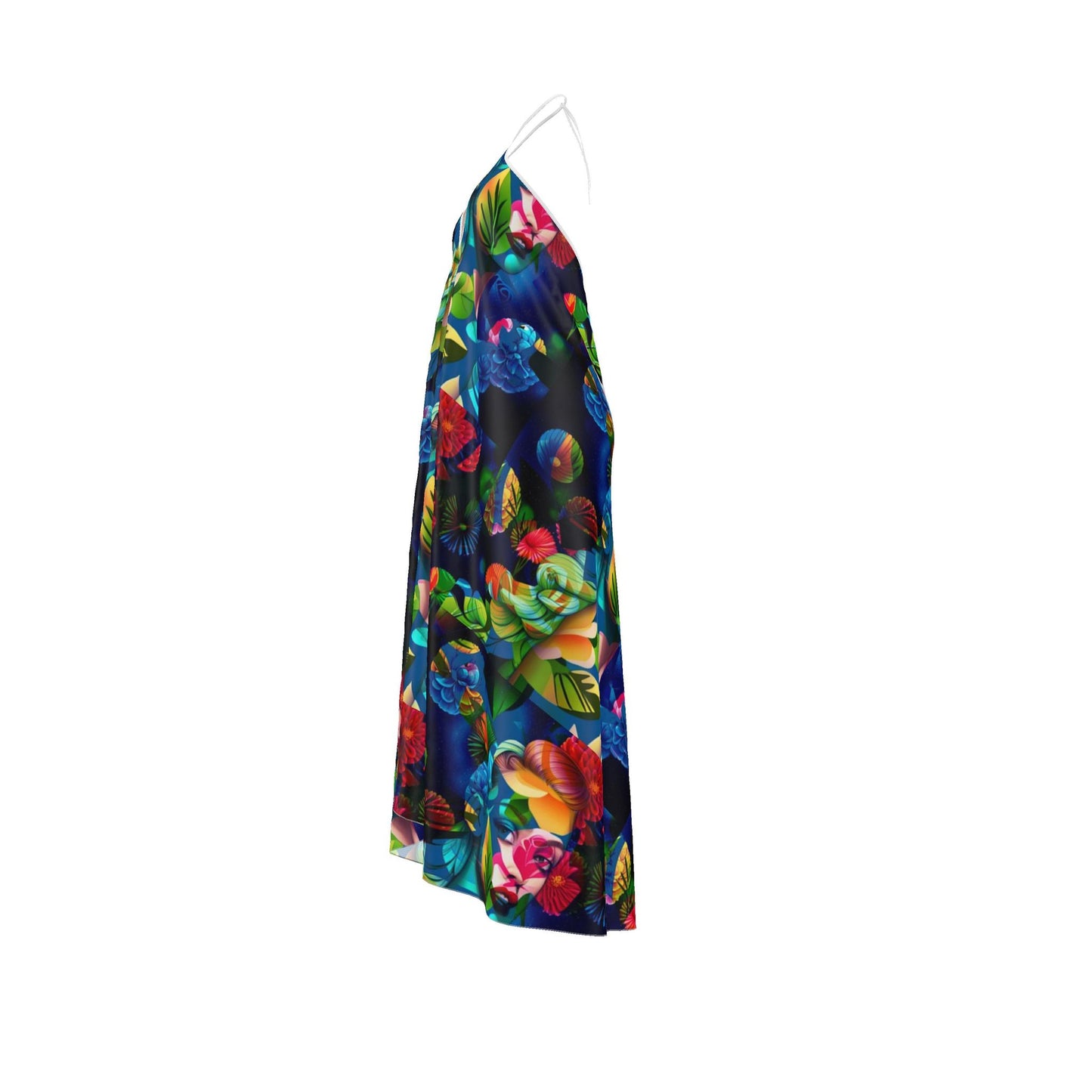 Vibrant Tropical Floral Halter Maxi Dress – Flowy Open-Back Vacation